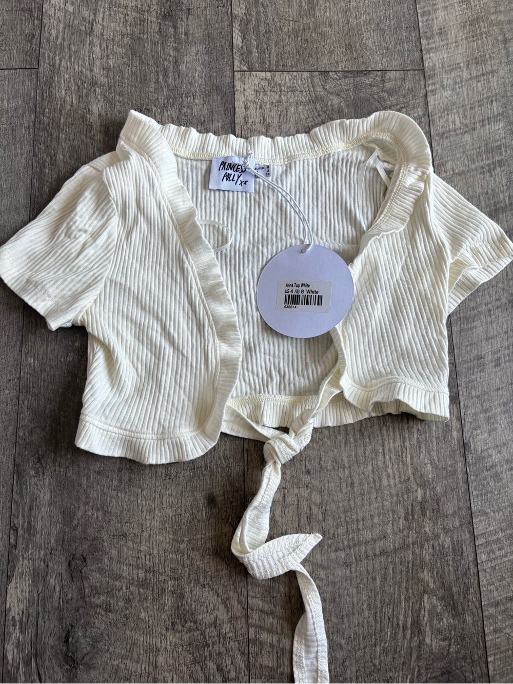 Princess Polly Cream Ribbed Tie-Front Crop Top